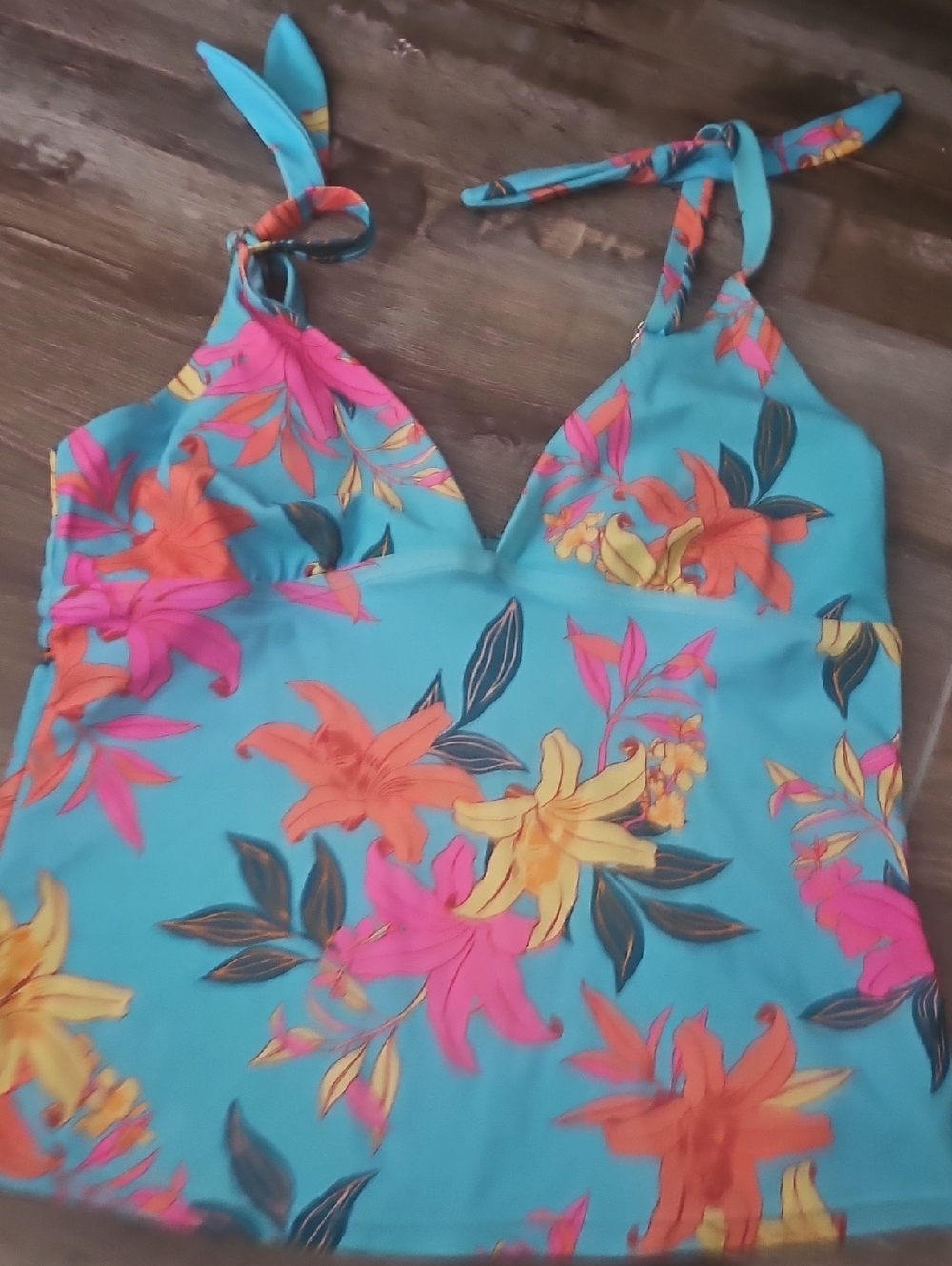 SO Turquoise Floral Swim Top with Coral Accents